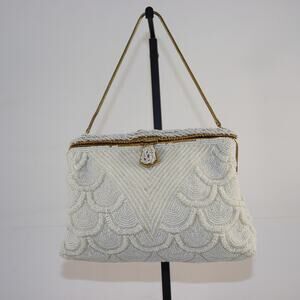 Vintage White Beaded Evening Bag with Gold Frame – Made in France